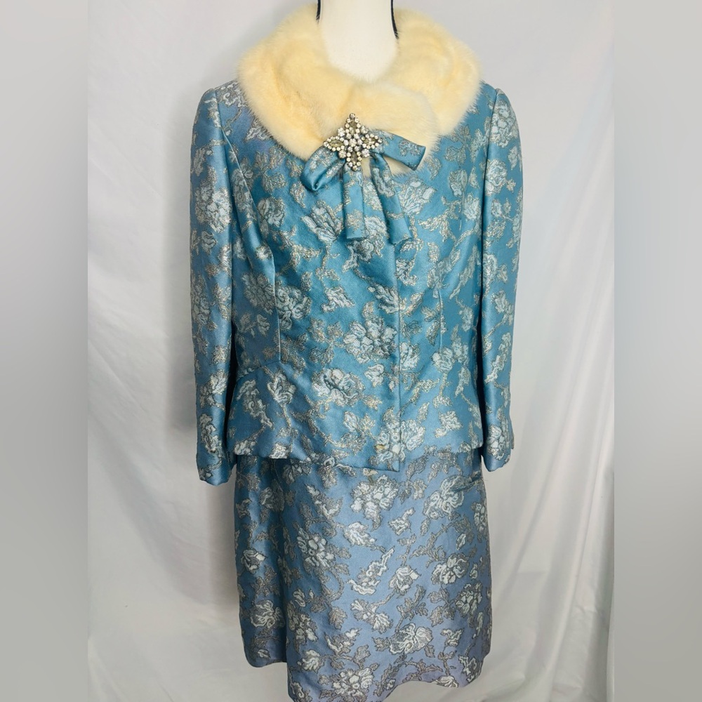 Vintage Sarmi Metallic Brocade Fur Collar Jacket and Matching Sheath Dress